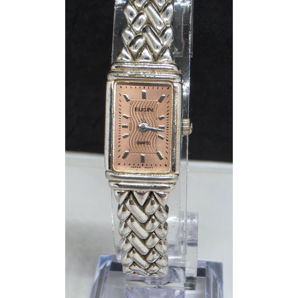 Vintage Elgin Quartz Ladies Watch Pink Dial Silvertone Bracelet Band EL 987